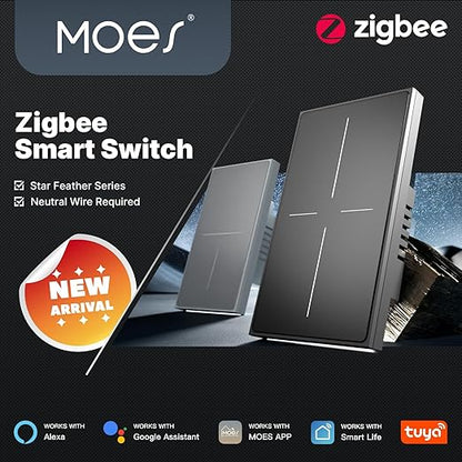 MOES Full Touch Smart Switch, ZigBee SF(Star Feather 2026 Version) Wall Light Switch, Neutral Wire Required, Anti-Glare Panel,Work with Smart Life/Tuya App, Alexa and Google Home 2 Gang Grey