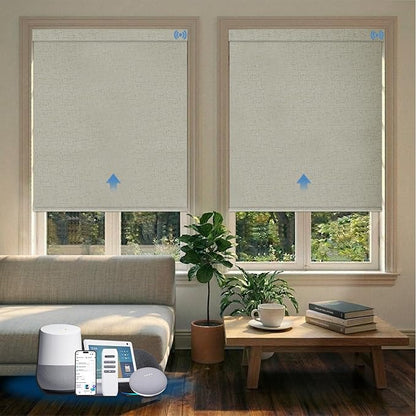 Motorized Blinds with Remote, Blackout Smart Blinds for Windows Automatic Roller Shades Compatible with Alexa, Motorized Shades Customized for Bedroom Home Office (Blackout-Linen Beige)