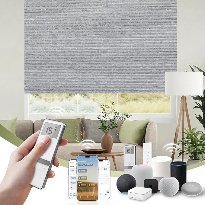 FineTell Motorized Blinds with Remote, 100% Blackout Roller Shades Compatible with Alexa,Apple Homekit,Google Home APP and Voice Control, Customized Electric Blinds (100% Blackout Elegant Grey)