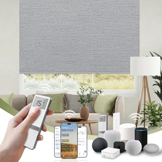 FineTell Motorized Blinds with Remote, 100% Blackout Roller Shades Compatible with Alexa,Apple Homekit,Google Home APP and Voice Control, Customized Electric Blinds (100% Blackout Elegant Grey)