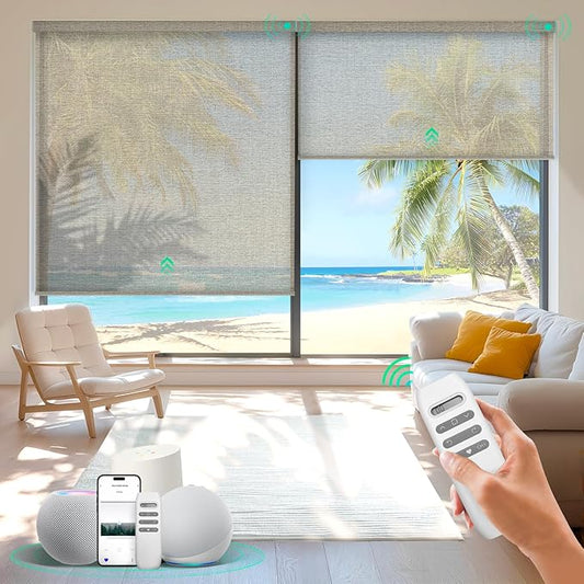 HeyBlinds Motorized Blinds with Remote, Smart Roller Shades with App & Voice Control, Work with Alexa Google HomeKit, Light Filtering Custom Window Shades for Living Room Office (Sunbeam-Camel LF)