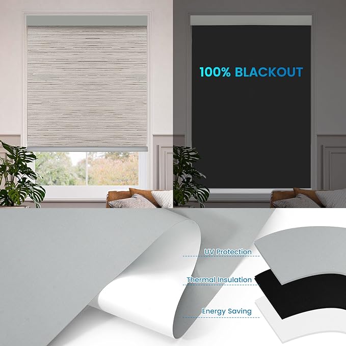 Motorized 100% Blackout Roller Shades – Smart Blinds with Remote Control, Rechargeable Battery or Plug-in Motor, Tuya WiFi Optional, Home & Office Automatic Window Shades (Warm Khaki/CH9428)
