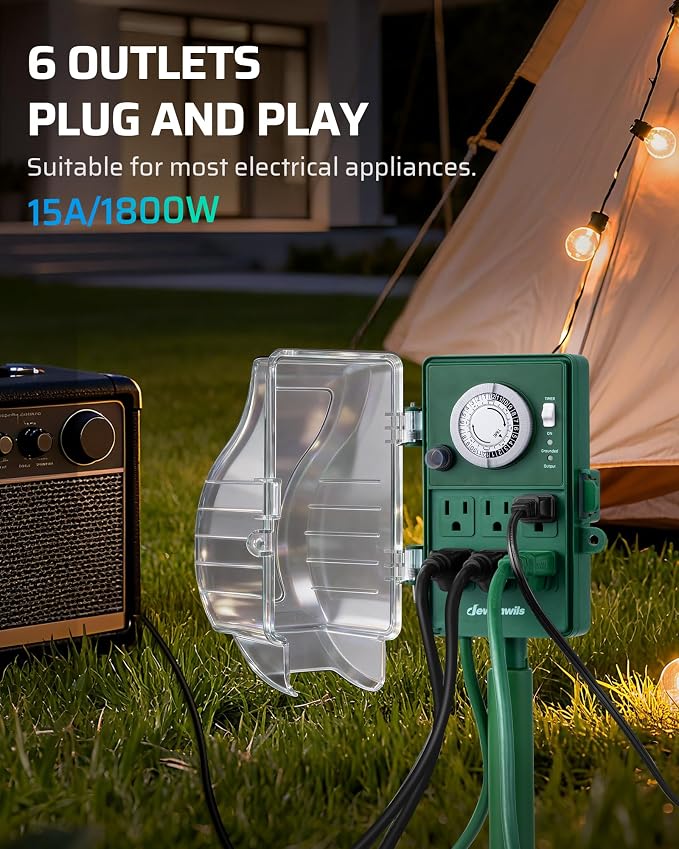 DEWENWILS Outdoor Power Stake Timer, 24-Hour Mechanical Timer, 6 Outlets | 1800W/15A Heavy Duty, 6ft Cord, Waterproof Cover, Overload Protection, Works for Yard, Garden, Patio Lights, ETL Listed