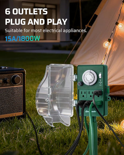 DEWENWILS Outdoor Power Stake Timer, 24-Hour Mechanical Timer, 6 Outlets | 1800W/15A Heavy Duty, 6ft Cord, Waterproof Cover, Overload Protection, Works for Yard, Garden, Patio Lights, ETL Listed