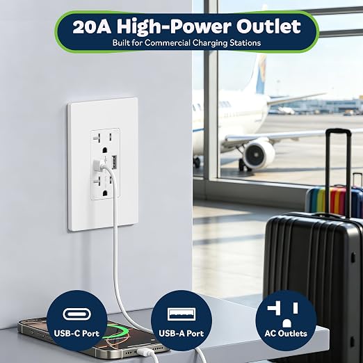TOPGREENER USB Outlet, 4.2A Type C& Type A USB Wall Outlet, 20 Pack, White | 20 Amp Tamper Resistant Receptacle Plug, USB Outlets Receptacles, Charging Power Outlet, UL Listed, Wall Plate Included