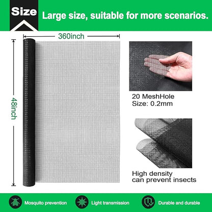 QWR Pet Proof Window Screen and Screen Door Replacement, 48"x 360" Upgraded Durable Thickened Vinyl Coated Wire-Like Mesh for Sliding Screen Door,Patio,Windows(Rolled Package Without Tool Kit)