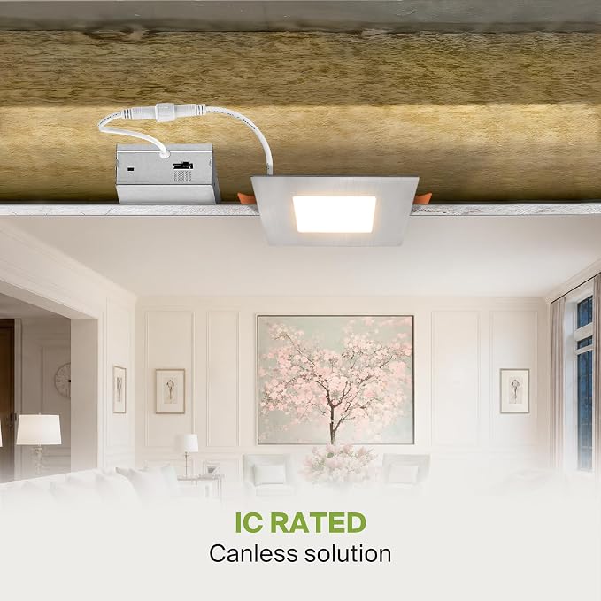 ASD 12 Pack LED Square Recessed Lighting 3 Inch, 5 CCT 2700K-5000K, 6W 30W Eqv, Ultra Thin Dimmable Ceiling Lights with J Box, Canless Wafer Downlight, Slim Panel Light, UL Energy Star, Brushed Nickel
