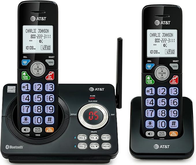 AT&T DL72279 2-Handsets DECT 6.0 Cordless Landline Phone with Bluetooth Connect to Cell, Smart Call Blocker, Digital Answering System, Big Buttons, Unsurpassed Range & ECO Mode
