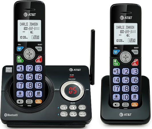 AT&T DL72279 2-Handsets DECT 6.0 Cordless Landline Phone with Bluetooth Connect to Cell, Smart Call Blocker, Digital Answering System, Big Buttons, Unsurpassed Range & ECO Mode