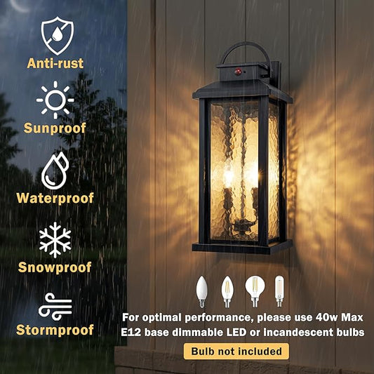 20 Inch Large Motion Sensor Outdoor Lights, Matte Black Dusk to Dawn Outdoor Wall Lights with Water Glass, 3 Lighting Modes Porch Lights Outdoor Light Fixture, Waterproof Outdoor Lights for House