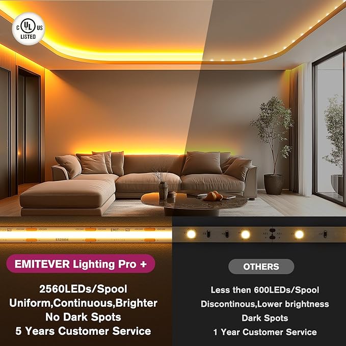 EMITEVER COB LED Strip Lights Warm White, 2700K Tape Light Premium High Density, DC 24V, 360+Lumens/ft, 2560LEDs/Spool, Ra 90+, 16.4ft/5m, UL Listed 5 Year After-Service (Power Supply Sold Separately)