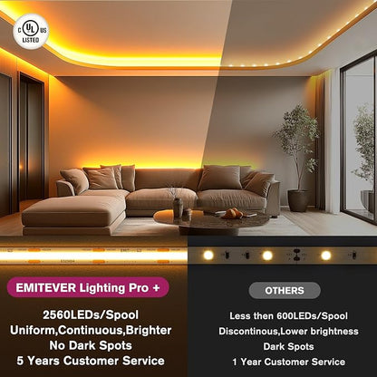 EMITEVER COB LED Strip Lights Warm White, 2700K Tape Light Premium High Density, DC 24V, 360+Lumens/ft, 2560LEDs/Spool, Ra 90+, 16.4ft/5m, UL Listed 5 Year After-Service (Power Supply Sold Separately)