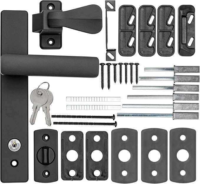 Ideal Security EL Keyed Lever Mount Latch with Deadbolt, Surface Mount Storm Door Handle Replacement, 2 Posts with Tie Down Screw, Matte Black
