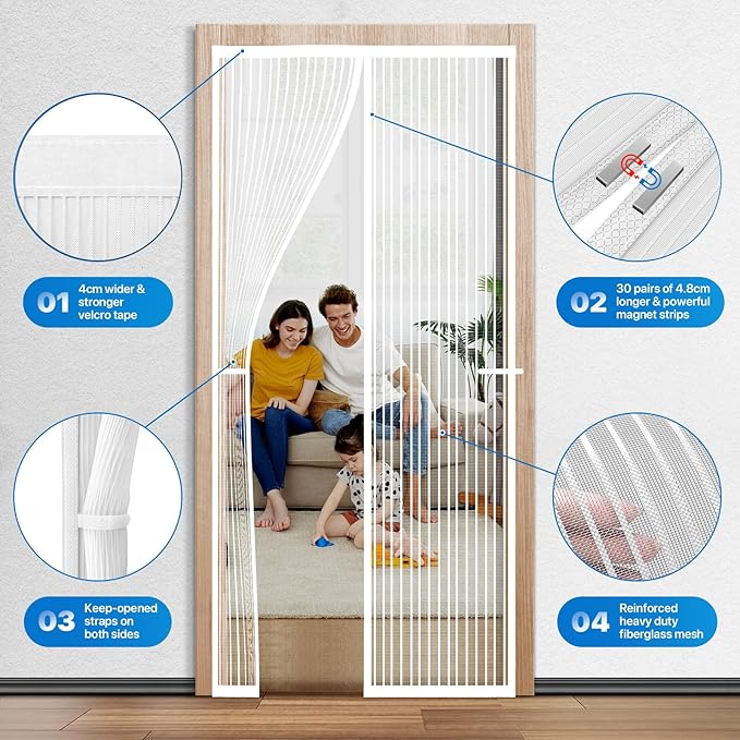 Heavy Duty Door Screen Magnetic Closure, LOVIGA Thickened Fiberglass Screen Door Mesh, Self Sealing, Tear Resistant, Easy Assemble, Fine Mesh Keep Bugs Out Fit Door Size 46 Inch X 79 Inch White