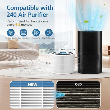 4 Pack 240 Replacement Filter Compatible with Puro 240 Air Purifier, 3-in-1 Main Filter Replacement with Activated Carbon Filter