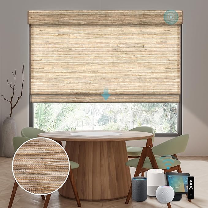 SmartWings Motorized Natural Woven Wood Shades for Windows Work with Matter Thread Homekit Z-Wave Alexa Google, 50%/70%/100% Blackout Electric Auto Roman Shades Cordless Remote Customized, Linen 005