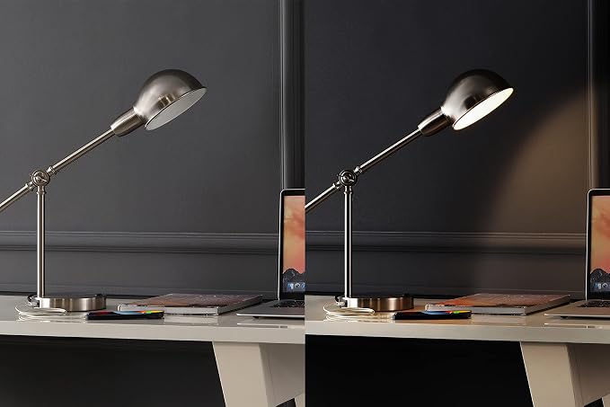 JONATHAN Y Curtis Task Lamp 20.25" Industrial Metal Adjustable USB, Nickel | Vintage Style, Dome Shade, LED Bulb Included, Perfect For Home Office Or Nightstand
