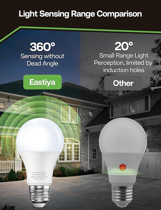 Dusk to Dawn Sensor LED Outdoor Light Bulb, Daylight White 5000K, A19 13W(100 Watt Equivalent) Bright Porch Lighting, 1200LM, Auto-On/Off Photocell Sensor for Garage Yard Patio Garden-4 Pack