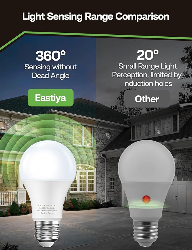 Dusk to Dawn Sensor LED Outdoor Light Bulb, Daylight White 5000K, A19 13W(100 Watt Equivalent) Bright Porch Lighting, 1200LM, Auto-On/Off Photocell Sensor for Garage Yard Patio Garden- 6 Pack