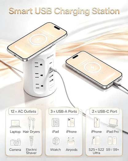 Power Strip Tower with USB Ports, 6.5 FT Extension Cord with Multiple Outlets (12AC+3A+2C) for Home Office Desk College Dorm Room Supplies