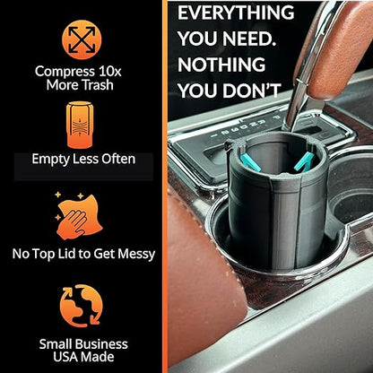 Trash Trapper Car Trash Can Cup Holder | Mini Car Trash Can | Fits in Most Doors | 5.1" x 2.9" | Traps More & Empties Less, Patent-Pending Compaction, Holds Weeks of Small Garbage, Black/Teal
