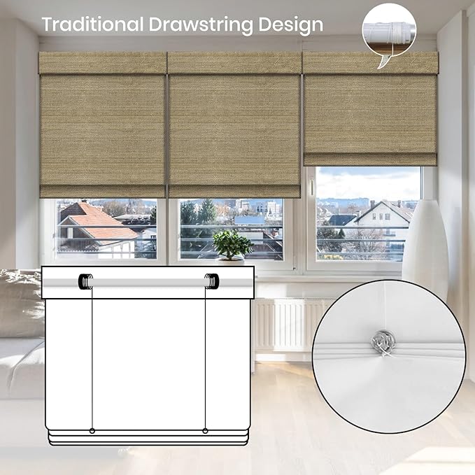 Motorized Roman Woven Woods Shades Work with HomeKit/Alexa/Google Home,Cordless Motorized Blinds,Custom Size,Crocheting Light Brown