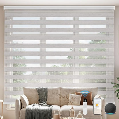 Interior Window Shades, Smart Dual Layer Light Filtering Blinds Compatible with Alexa & Google Home, Customized Size Cordless Electric Window Shades, (Linen White, 55% Blackout)