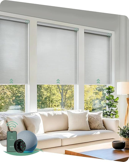 Yoolax Motorized Blinds with Remote, Light Filtering Smart Roller Shades Work with Alexa, Google, Apple Homekit, Custom Automatic Shades with Voice Control for Living Room (Jacquard White)