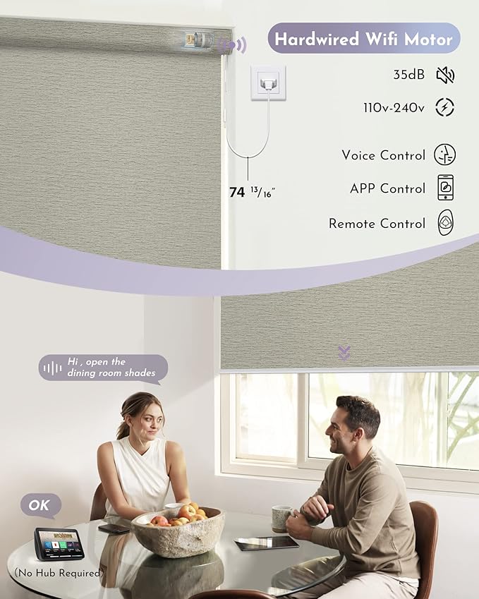 Graywind Smart Blackout Roller Shades Compatible with Alexa Google WiFi Hardwired Textured Fabric Motorized Blinds Remote Window Shades, Custom Size (Frequency Sand)