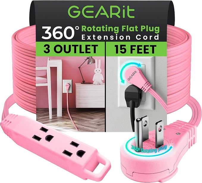GEARit 15 ft 360° Rotating Flat Plug Extension Cord, 3 Outlet Low Profile Power Cord, 16 AWG 13A 3 Prong Grounded Indoor Cord, ETL Listed, Space-Saving for Furniture, Pink