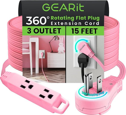 GEARit 15 ft 360° Rotating Flat Plug Extension Cord, 3 Outlet Low Profile Power Cord, 16 AWG 13A 3 Prong Grounded Indoor Cord, ETL Listed, Space-Saving for Furniture, Pink