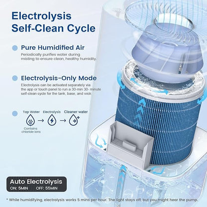 Powerscale MF6 Smart Evaporative Humidifiers for Bedroom, 1.8 Gal Top-Fill, Up to 700mL/h Mist-Free Output, WiFi Smart Touchscreen Control, Auto Filter Dry, Electrolysis Self-Clean, Quiet Sleep Mode