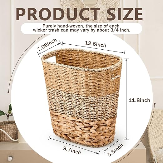 Ziliny 2 Pcs Wicker Trash Can with 50 Small Trash Bag Wicker Waste Woven Basket with Handles Clear Multi Use Garbage Bags for Bathroom Kitchen Bedroom(Various Materials,Classic Style)