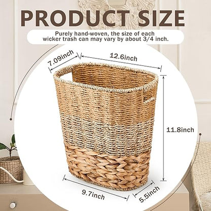 Ziliny 2 Pcs Wicker Trash Can with 50 Small Trash Bag Wicker Waste Woven Basket with Handles Clear Multi Use Garbage Bags for Bathroom Kitchen Bedroom(Various Materials,Classic Style)