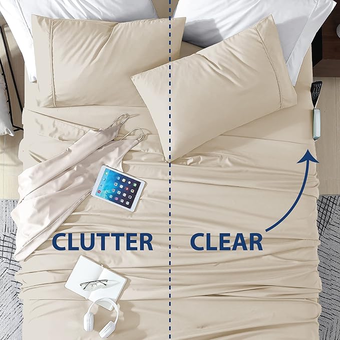 Swift Home Smart Sheets, Ultra Soft Brushed Microfiber 3-Piece Sheet Set, Fitted Bed Sheet with Side Storage Pockets – Cream, Twin XL