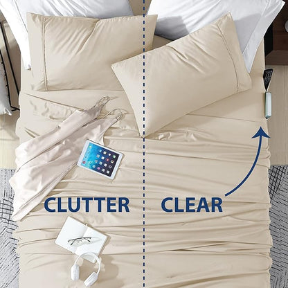 Swift Home Smart Sheets, Ultra Soft Brushed Microfiber 3-Piece Sheet Set, Fitted Bed Sheet with Side Storage Pockets – Cream, Twin XL