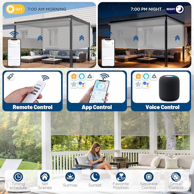 Motorized Outdoor Shades, Custom Patio Roller Blinds with Remote, Smart Exterior Sun Shades Compatible with Alexa, HomeKit, Google Home (5% Openness Grey)