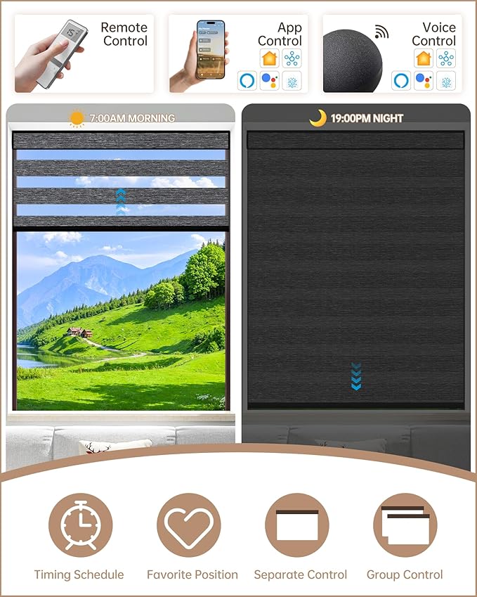 Kincmo Motorized Blinds with Remote, Motorized Zebra Shades Work with Apple Homekit,Alexa,Google Home, Customized Electric Blinds with Remote,App,Voice Control (60% Blackout Monet Black)