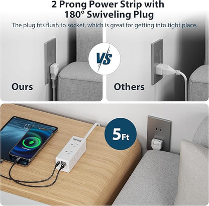 2 Prong Power Strip, TOPREK 2 Prong to 3 Prong Outlet Adapter, 1440J 2 Prong Surge Protector with 6 Outlets & 3 USB, 5FT 2 Prong Extension Cord with Swiveling Flat Plug, Ideal for Non-Grounded Outlet