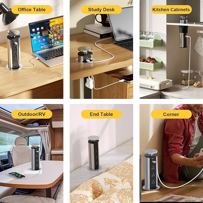 Pop up Outlet for Countertop, 3 AC Outlets & 2 USB-A, 3-1/4 Inch Silver