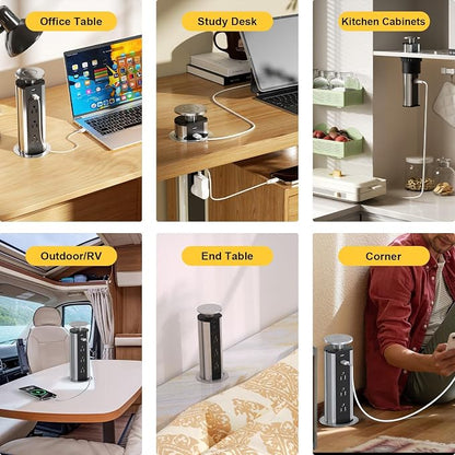 Pop up Outlet for Countertop, 3 AC Outlets & 2 USB-A, 3-1/4 Inch Silver