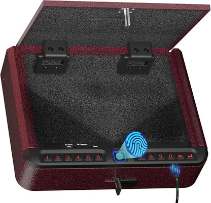 BILLCONCH Smart Gun Safe for Handgun with Fingerprint, App & Security Cable | Biometric Gun Safe 4 Ways Quick Access Built-in LED Light, Ideal Handgun Safe for Nightstand and Home - Burgundy Red