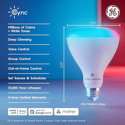 Cync GE BR30 Smart Bulb WiFi LED Light Bulbs, Color Changing Indoor Floodlight, Bluetooth Light Bulb with Alexa & Google Assistant, 65W Full Color 2-Pack