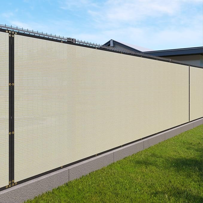 Windscreen4less Privacy Fence Screen Heavy Duty Windscreen Fencing Mesh Fabric Shade Net Cover with Brass Grommtes for Outdoor Wall Garden Yard Pool Deck, 6'x108' Beige