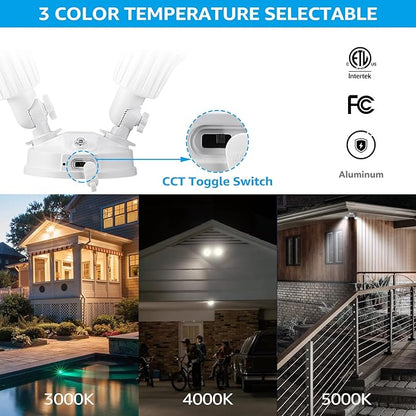 LEONLITE 3CCT Dusk to Dawn LED Security Lights, Adjustable Dual-Head Flood Light Outdoor with Photocell, 3000K/4000K/5000K Selectable, 25W(200W Equiv.), Wet Location, Aluminum, ETL Listed, White