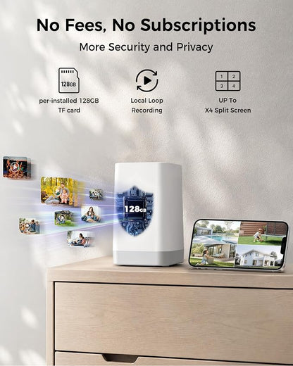 4MP Security Cameras Wireless Outdoor, No Subscription 128GB Local Storage, Solar Powered Cameras For Home Security, PTZ Auto Tracking, 4Cam-Kit, Color Night Vision Home Security Camera System,5G&2.4G