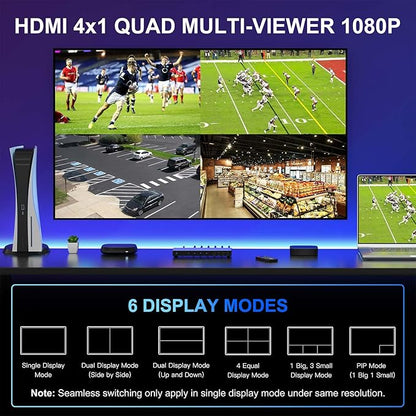 HDMI Multiviewer Switch 4x1 with PIP, PORTTA Quad Multi Viewer Seamless Switcher 4 in 1 Out with Toslink, 3.5mm Audio Output Support 1080p 60Hz, 6 Viewing Modes, Downscaler, Compatible with PS4 Xbox