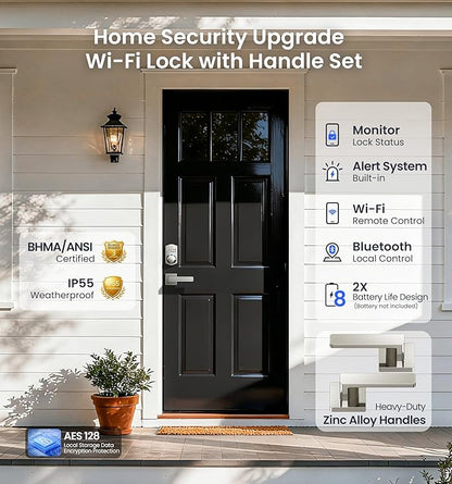 Veise VE012W-L Built-in Wi-Fi Fingerprint Smart Lock with Lever Handle Set, App Remote Control, Keyless Entry for Front Door, Deadbolt Digital Backlit Keypad, Voice Assistant, Auto Lock, Satin Nickel
