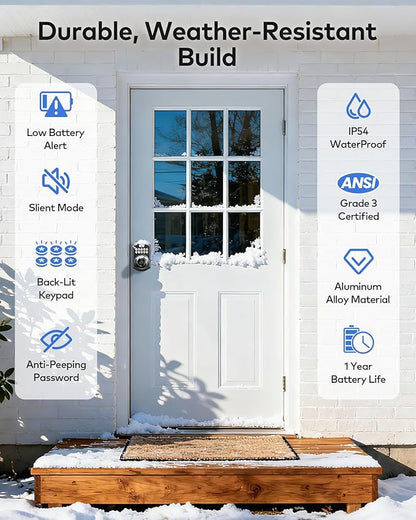TEEHO TE018 Smart Door Knob with Keypad, App Control, Keyless Entry Digtal Door Lock with Handle, Remote Share One-Time Code, Auto Lock, Easy Installation for Front Door, Bedroom, Rental, Matte Black