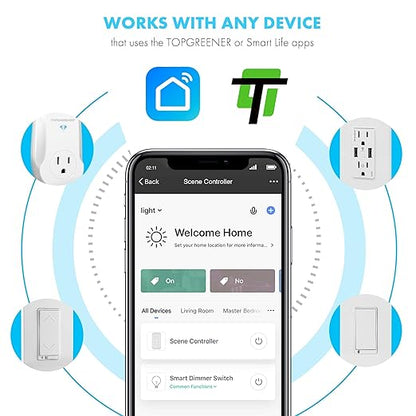 TOPGREENER Smart Light Switch and Wi-Fi Scene Controller, Neutral Wire Required, 2.4GHz Network, UL Listed